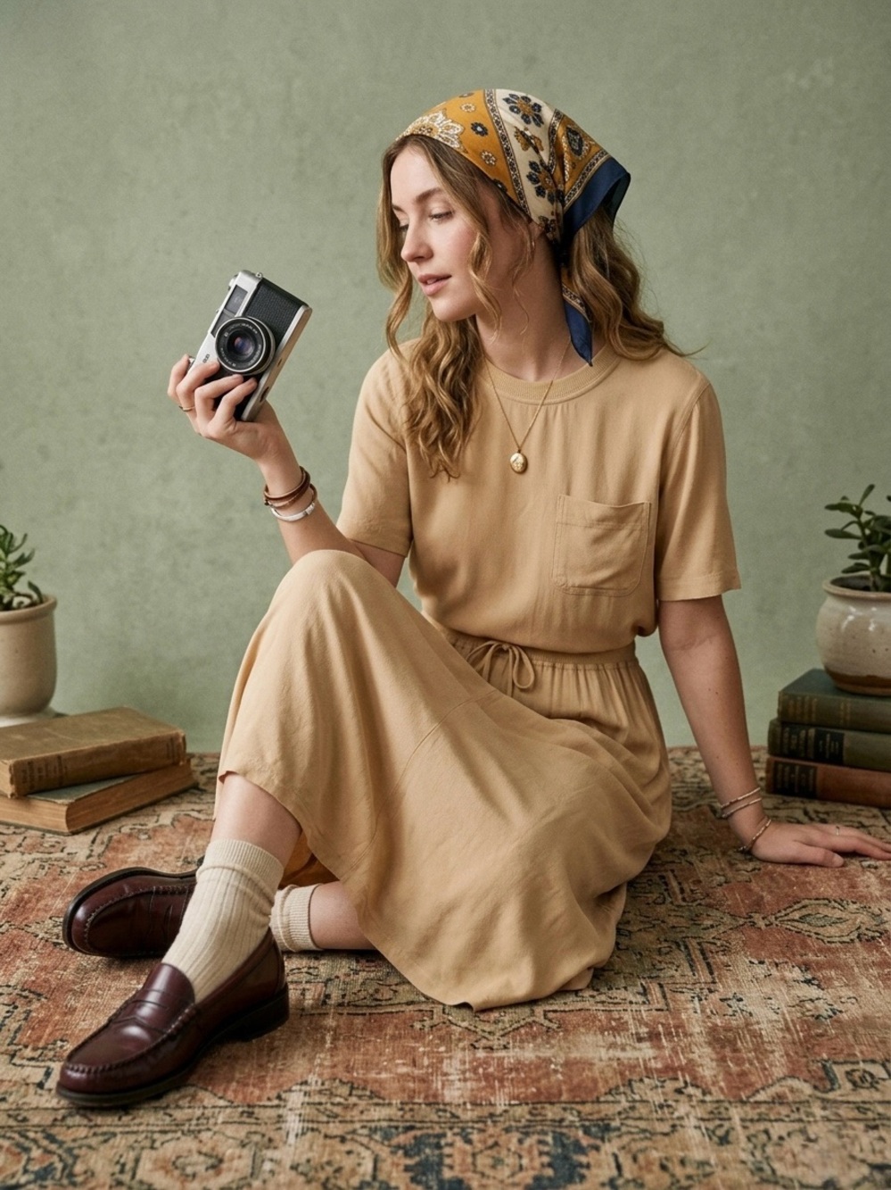 Vintage Carole Little 2-Piece Rayon Set | Minimalist Boho Camel Tan Sz 2 / 4 P - Picture 2 of 15